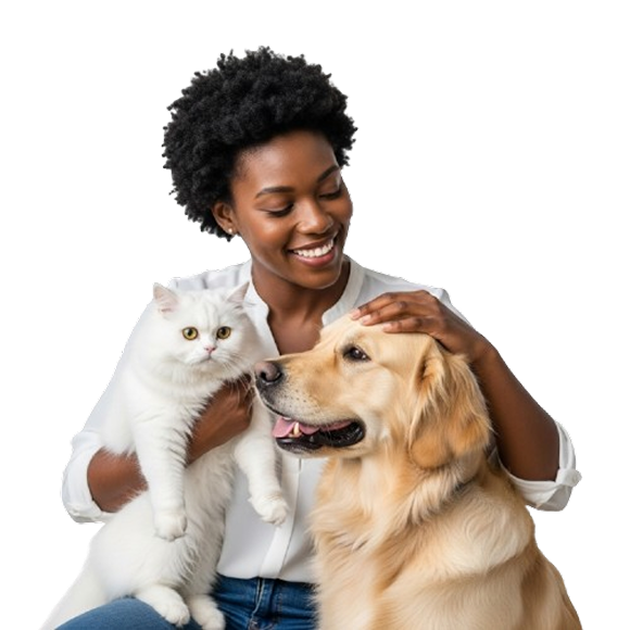 Mulher sorrindo e abraçando um cachorro, representando a felicidade de ter um pet.